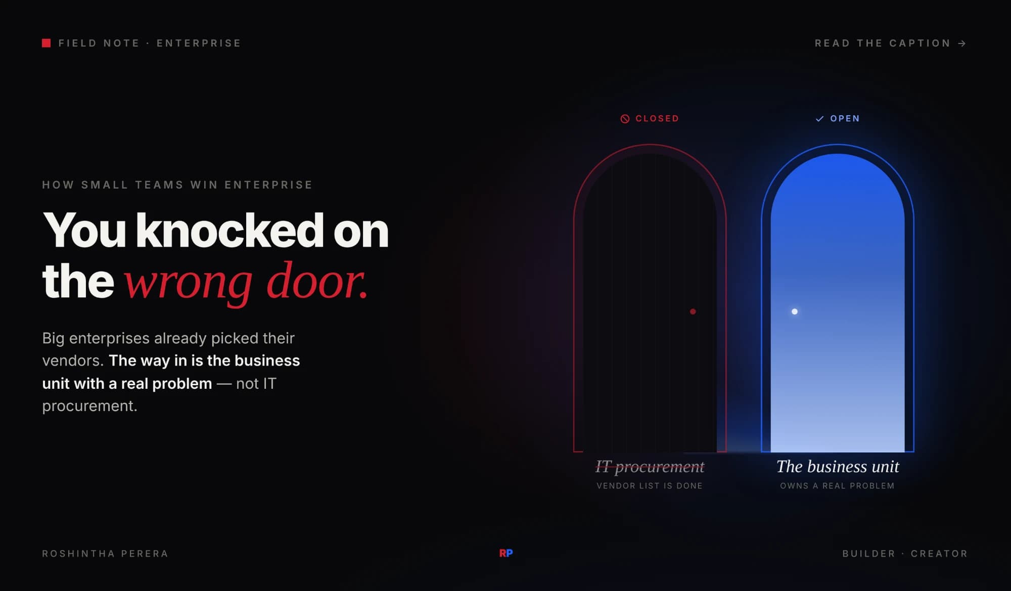 Two doors — IT procurement closed in red, the business unit open in blue